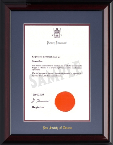 (#3 BLUE) Notary Public (8.5x14V) - Wood frame with glossy mahogany finish, blue and maroon mat board and gold embossing